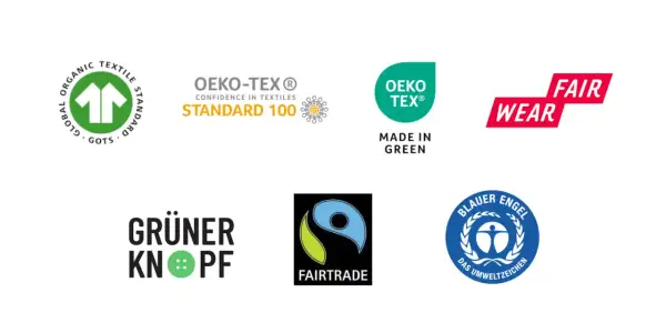 Siegel für nachhaltige siegel textilien: GOTS, OEKO-TEX, Fairtrade, Grüner Knopf, Blauer Engel, Fair Wear.