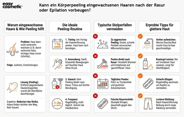 Tipps gegen eingewachsene Haare: Peeling vor der Haarentfernung, sanfte Anwendung & passende Rasurtechnik.